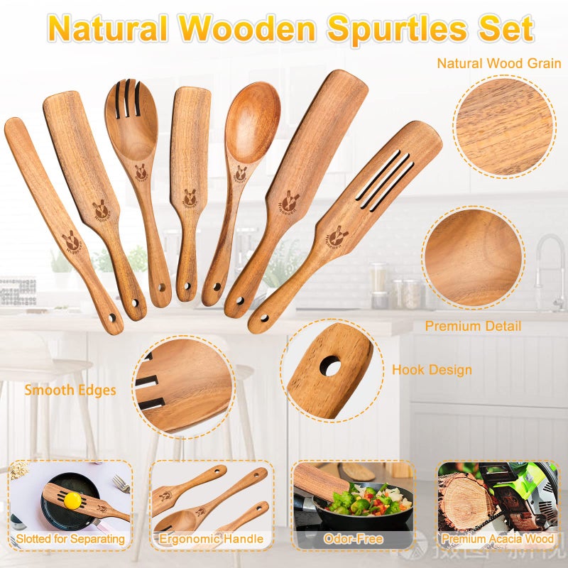 ICSTI Spurtles Kitchen Tools Wooden  7Pcs Wooden Spurtle Spatula Set  Natural Premium Acacia Wooden Spoons for Cooking  Heat Resistant Cooking Utensil for Nonstick Cookware  Spurtle for Sourdough Starter - Image 2